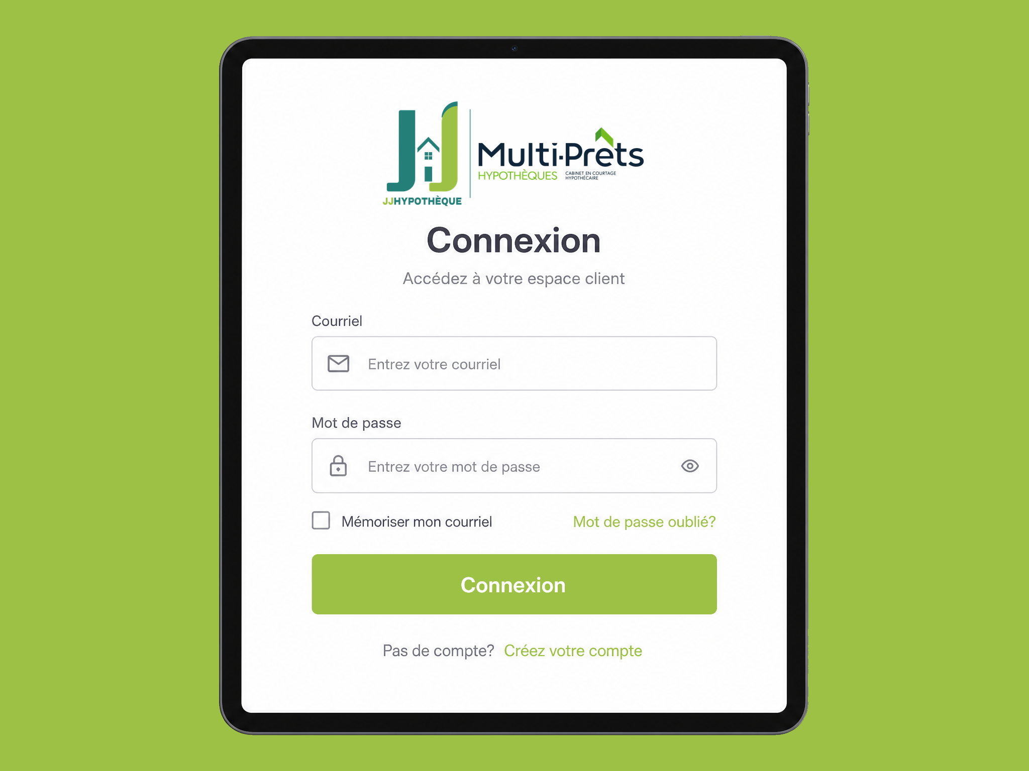 Interface de connexion JJhypothèque sur tablette